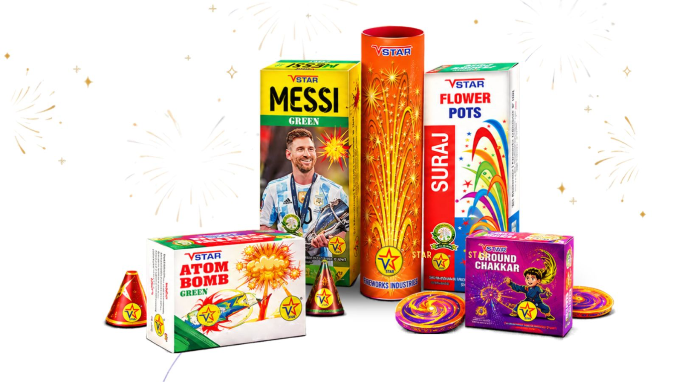 V Star fireworks collection featuring flower pots, an atom bomb, a ground chakkar and other celebration products